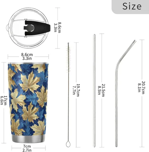 Vista 3 de Blue and gold vintage maple leaf Stainless Steel water bottle with straw with Straw Lid coffee mugs with lids for café safe 20oz coffee mug taza