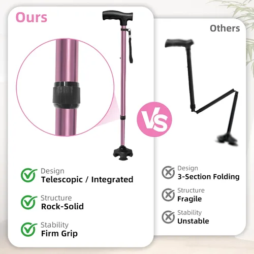 Vista 2 de Bastón ajustable para mujer, bastón telescópico de 10 niveles de altura con base giratoria antideslizante de 4 puntas, correa de muñeca, ayuda