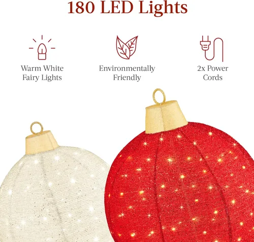 Vista 4 de Best Choice Products Juego de 2 adornos navideños emergentes iluminados para exteriores, decoración de bolas navideñas con 180 luces LED, 8