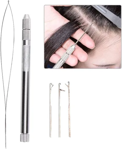 Vista 3 de 5 agujas de bucle de extensión de cabello, mango de aluminio, herramienta de gancho para tirar de enhebrador y herramienta de dispositivo