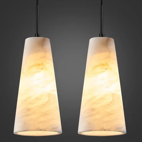 Vista 14 de Luces colgantes de alabastro natural, isla de cocina, pantalla cónica de mármol blanco, modernas lámparas de techo negras para dormitorio, comedor
