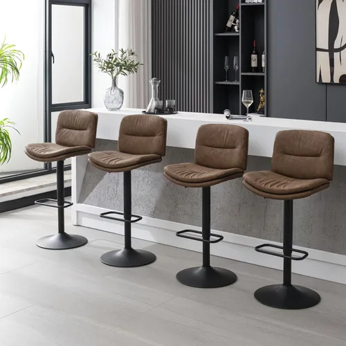Vista 8 de Juego de 3 taburetes de bar giratorios tapizados de doble capa con respaldo, taburete de bar ajustable de 24 a 32 pulgadas, taburetes de bar de piel