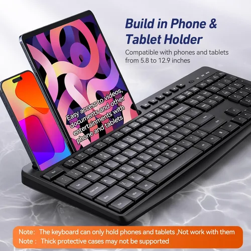 Vista 3 de Combo de teclado y mouse inalámbricos, teclado inalámbrico silencioso Acebaff 2.4G con soporte para tableta de teléfono, mouse silencioso, 11 teclas