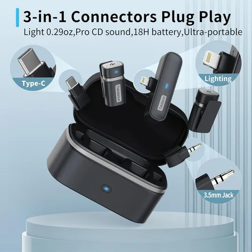 Vista 4 de Micrófono Lavalier inalámbrico 3 en 1 – Mini micrófono de solapa con adaptadores reemplazables compatible con cámara iPhone Android – Excelente