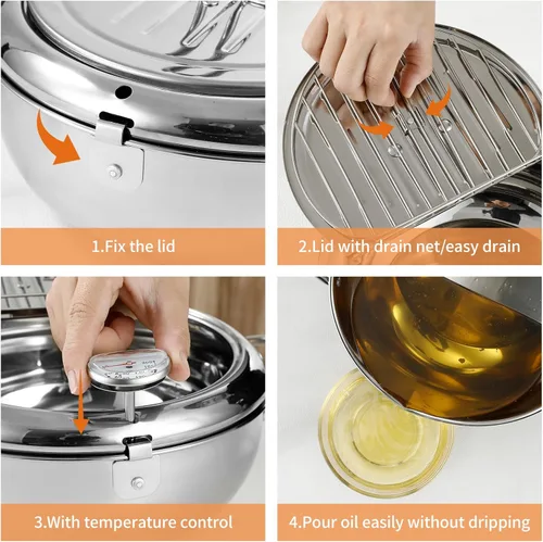 Vista 5 de Olla para freidora, 9.4 pulgadas/3.4 L de tempura Janpanese con tapa, termómetro de acero inoxidable con control de temperatura y escurridor