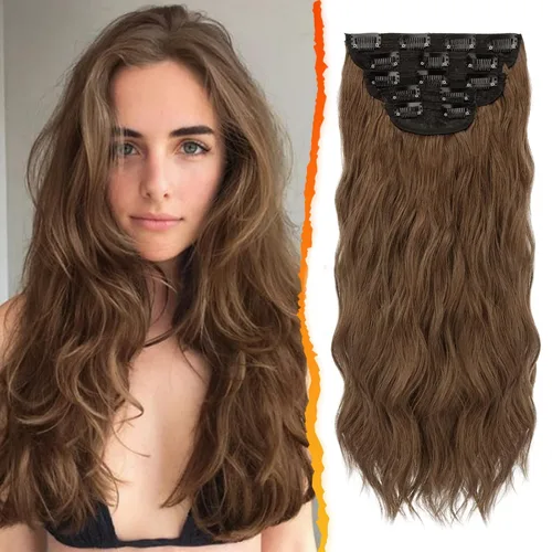 Vista 29 de BARSDAR Extensiones de cabello ondulado con clip de 20 pulgadas, 5 piezas de cabello sintético grueso y suave, extensiones de cabello con clip