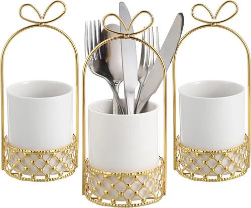 Vista 10 de JUXYES Soporte de cubiertos de cerámica para mesa, soporte de cubiertos blanco con soporte de metal dorado, soporte decorativo para cubiertos