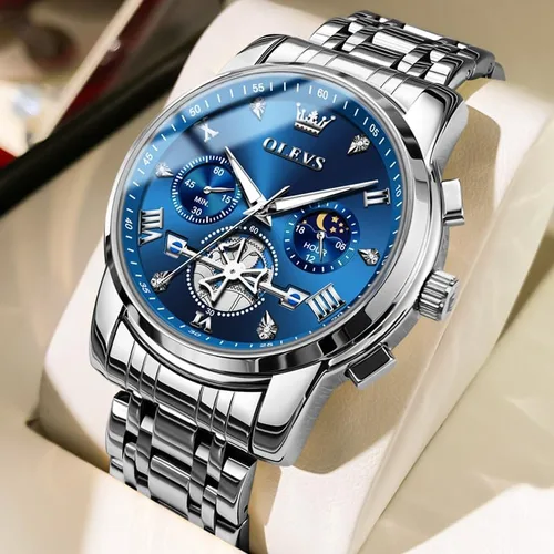 Vista 2 de OLEVS Relojes para hombre de plata, reloj de cronógrafo de acero inoxidable para hombre, reloj analógico de cuarzo de cara grande para hombre