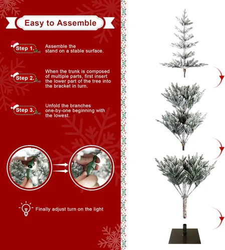 Vista 6 de Glitzhome Árbol de Navidad flocado, árbol de Navidad artificial preiluminado de 7 pies con 400 luces blancas cálidas, abeto de lujo Xmas paisaje