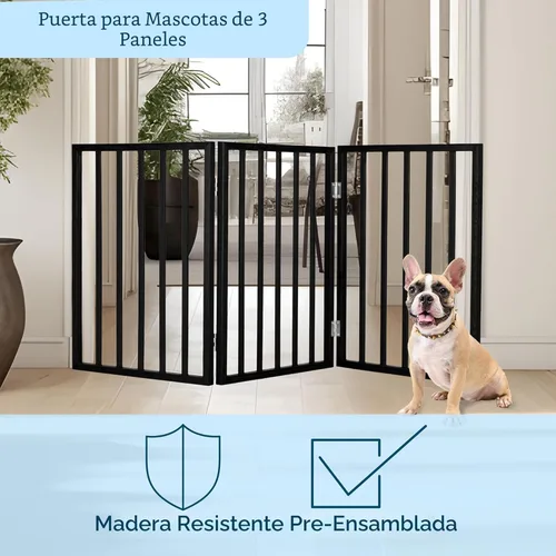 Vista 3 de Puerta para mascotas - Valla plegable de 3 paneles para perros de interior para escaleras, pasillos o puertas - Vallas para perros de madera Negro