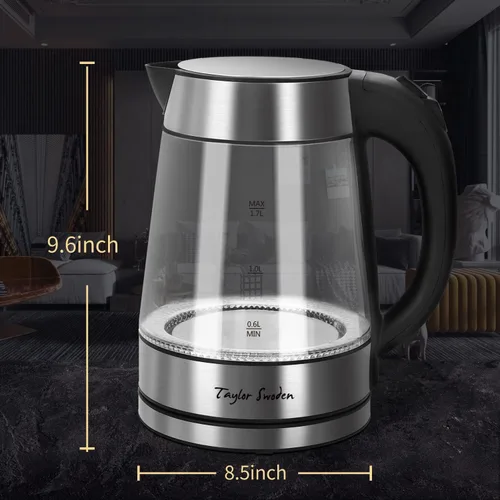 Vista 6 de Taylor Swoden - Tetera de vidrio eléctrica para agua caliente para té y café de 1.7 litros, hervidor eléctrico de ebullición rápida, hervidor