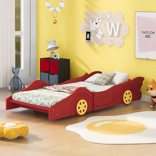 Vista 19 de Cama de plataforma en forma de auto de carreras con ruedas, cama de plataforma de madera tamaño individual con barandilla, cama de plataforma