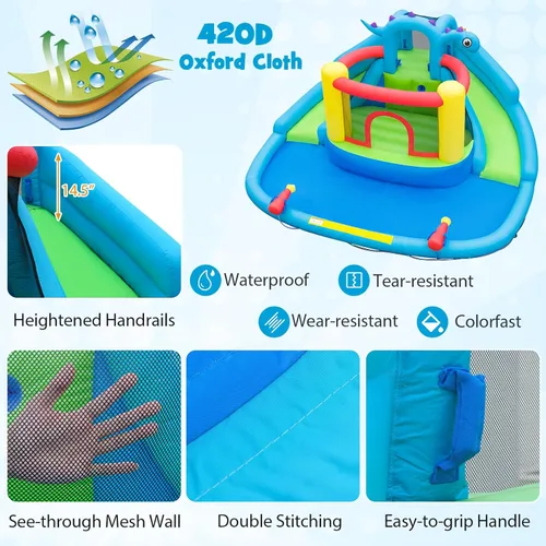 Vista 7 de BOUNTECH Tobogán acuático inflable, estilo dinosaurio, parque de toboganes dobles con casa de rebote, castillo de salto con 2 cañones de agua