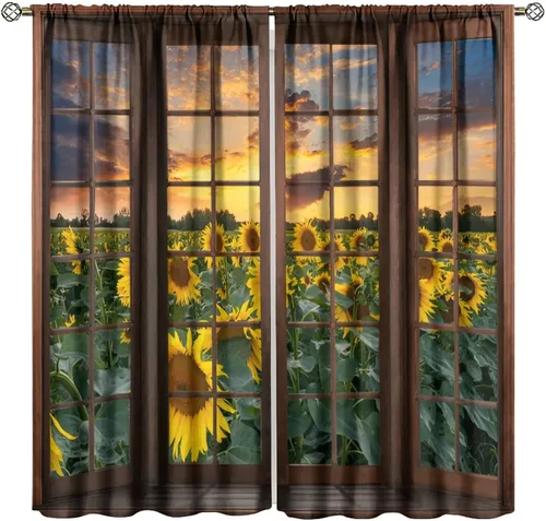 Vista 18 de Cortinas de ventana de girasol, estampado floral amarillo de primavera y verano, decoración de dormitorio de niñas, cortinas de ventana con bolsillo