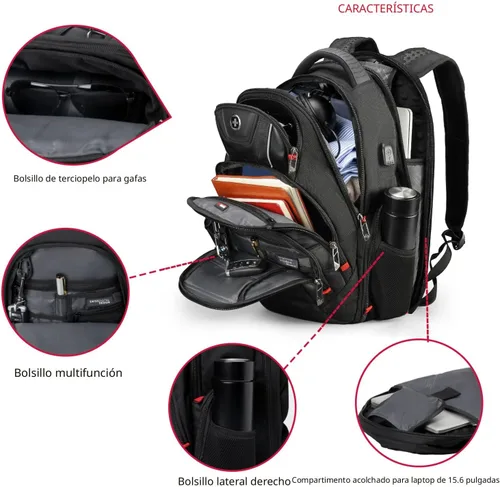 Vista 5 de Swissdigital - Mochila de diseño para viaje para hombres, compatible con TSA, con carga USB, protección RFID, mochila de negocios para laptops