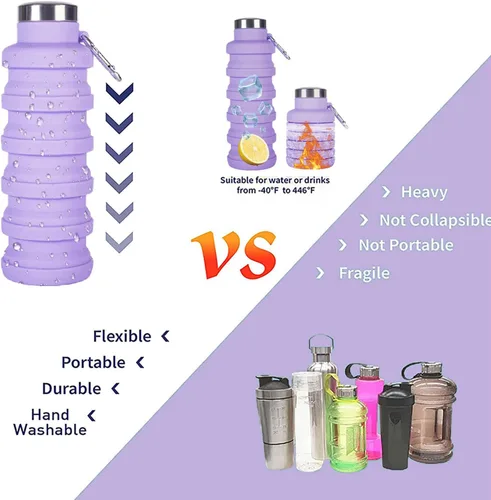 Vista 4 de Botella de agua plegable, 4 botellas de agua plegables de silicona reutilizables sin BPA de 16 onzas, botellas de agua ligeras portátiles