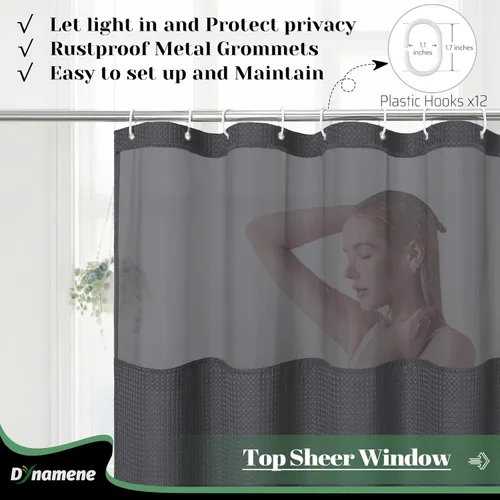 Vista 146 de Cortina de ducha de tela Dynamene verde oscuro - Cortinas de baño de tela de nido de abeja texturizadas resistentes, juego de cortinas de baño