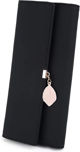 Vista 78 de UTO - Cartera pequeña RFID de piel sintética con dije de hoja, cierre de cremallera y tarjetero.