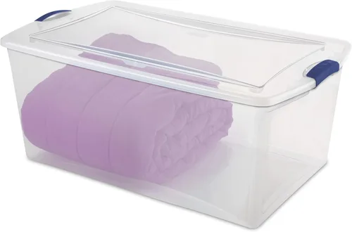 Vista 5 de Contenedor organizador de plástico de 105 cuartos de galón con tapa duradera, apilable y acoplable, contenedor transparente con características