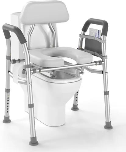 Vista 8 de Asiento de inodoro elevado con asas, marco de seguridad médica resistente de 400 libras, asistencia de baño para personas mayores, discapacitados