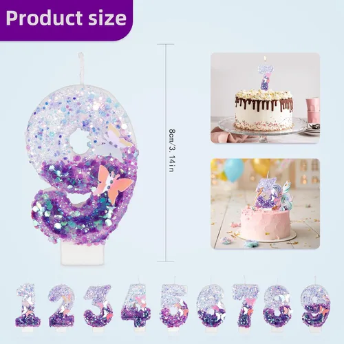 Vista 5 de Velas de cumpleaños número 1, decoración de fiesta de cumpleaños de mariposa para mujeres y niñas, vela morada de feliz cumpleaños para pastel, vela