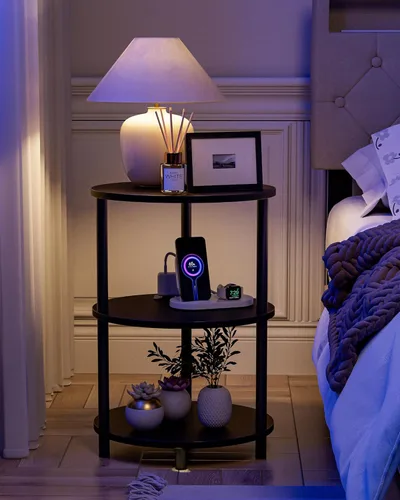 Vista 5 de Mesa auxiliar redonda pequeña, mesa decorativa ovalada de 3 niveles para espacios pequeños, mesita de noche de madera rústica y metal para sala