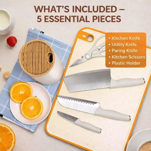 Vista 2 de Juego de cuchillos de cocina blancos con bloque, juego de 5 piezas de cuchillos de acero inoxidable, cuchillo de chef, cuchillo de pelar, tijeras
