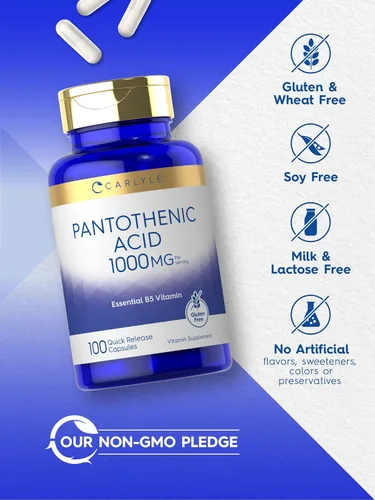 Vista 4 de Carlyle Ácido pantoténico 1000 mg 100 cápsulas Vitamina B5 esencial Suplemento sin OMG, sin gluten