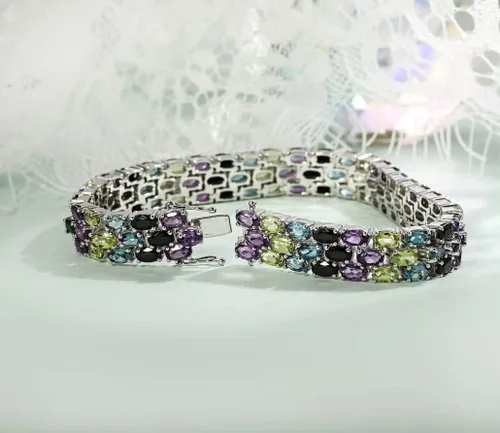 Vista 3 de Wide Natural Multi-Gemstone Bracelet for Women 925 Sterling Silver Rhodolite Peridot Black Spinel Citrine 7.25 Inches