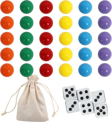 Vista 7 de 30 canicas de repuesto para juego de mesa Wahoo, 5 de cada uno de 6 colores, 6 dados y una bolsa de juego para juego de mesa Wahoo (0.55 pulgadas)