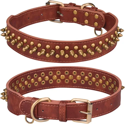 Vista 19 de Serijoars Collar para perro con pinchos, de piel sintética suave con remaches de hongos, collar ajustable para cachorros (XS, marrón)