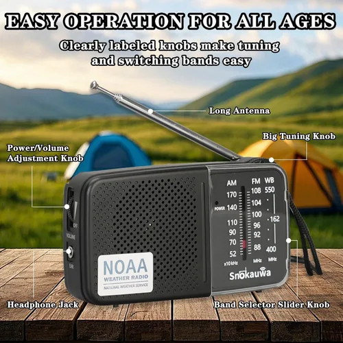 Vista 4 de Radio portátil con transistor AM FM funciona con pilas, radio meteorológica NOAA con altavoz, conector para auriculares, 2 pilas AA, excelente