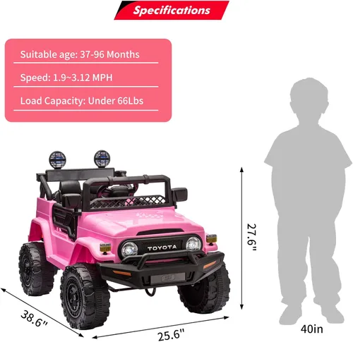 Vista 3 de Camión con licencia de 12 V, 7 AH, con control remoto, funciona con pilas, con suspensión de resorte, neumáticos EVA, USB, música, luces LED