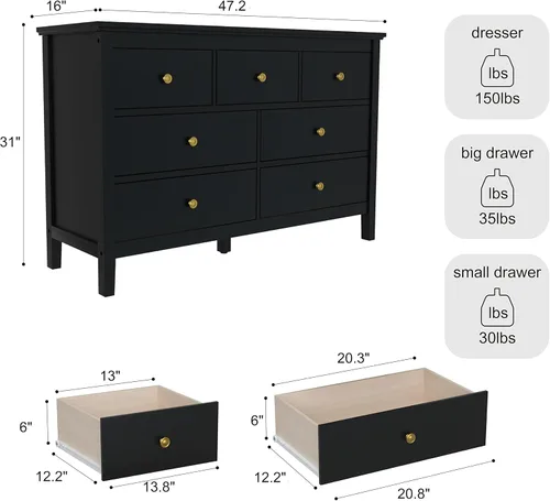 Vista 3 de CARPETNAL Cómoda negra para dormitorio, cómoda de 7 cajones con cajón ancho y asas de metal, cómodas de madera y cajones para pasillo, entrada.
