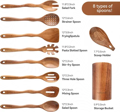 Vista 3 de Cucharón de madera para sopa, cucharas de madera de teca natural de 3 tamaños para cocinar, cuchara de madera antiadherente, cucharas de madera