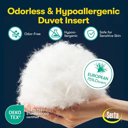 Vista 5 de Serta Edredón de plumón europeo tamaño individual para todas las estaciones, 100% algodón, 600 poder de relleno extra esponjoso, fabricado