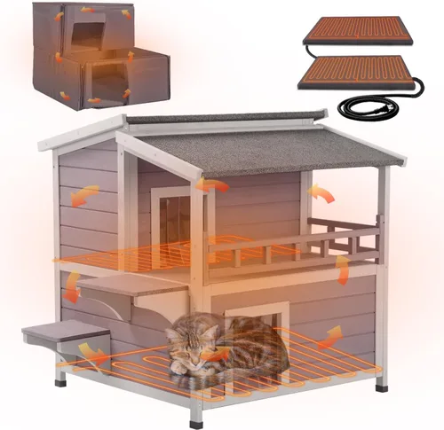 Vista 11 de GUTINNEEN Casa climatizada para gatos al aire libre, resistente a la intemperie, refugio grande para gatos con forro 100% aislado para múltiples