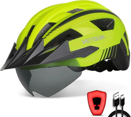 Vista 18 de VICTGOAL Casco de bicicleta con luz trasera recargable por USB, gafas magnéticas desmontables, visera solar extraíble, cascos de bicicleta