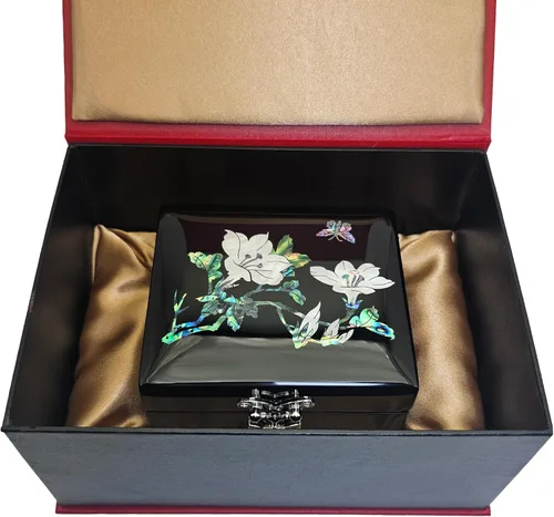 Vista 6 de Adornos de caja de joyería de laca hechos a mano, hechos de madera maciza con nácar natural tallado y pegado, se puede utilizar para almacenar