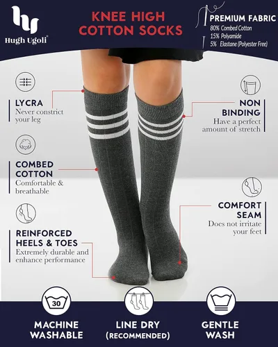 Vista 3 de Hugh Ugoli Knee High Cotton Socks for Girls Boys and Toddlers, Solid Color Long School Uniform Socks 3-14 Years Old, 4 Pairs