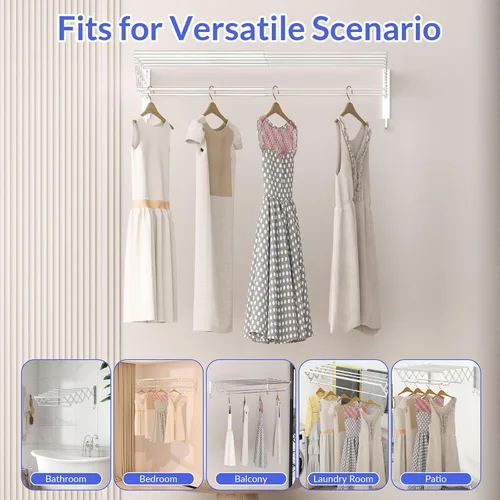 Vista 4 de Escurridor de ropa montado en la pared con ganchos - Estante de secado de ropa plegable y extraíble, extensible de 21 a 39.4 pulgadas, estante