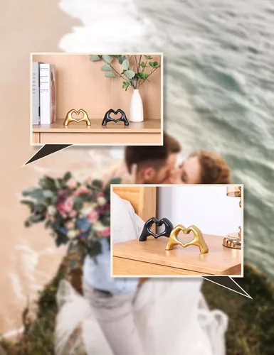 Vista 4 de Escultura moderna de manos de corazón de oro, arte decorativo de mesa, símbolo de amor, decoración del hogar (negro)