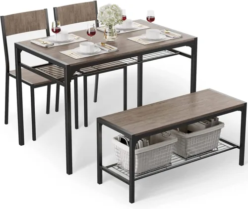 Vista 14 de Gizoon Mesa de cocina y 2 sillas para 4 personas con banco, juego de mesa de comedor de 4 piezas para espacios pequeños, apartamento (marrón rústico)