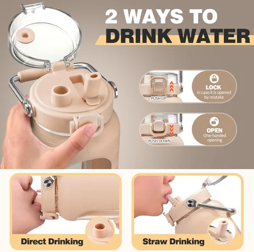 Vista 2 de BLUEGO Botella de agua de vidrio de 64 onzas con mango de acero inoxidable, botella de agua grande con marcadores de tiempo y funda de silicona
