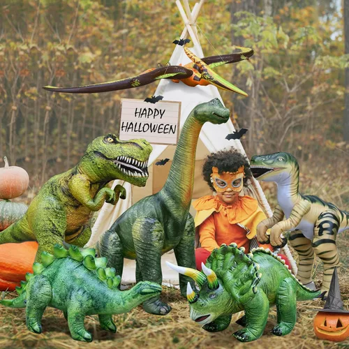 Vista 6 de Jet Creations Paquete de 6 inflables de dinosaurio – T-Rex, Brachiosaurus, Triceratops, Stegosaurus, Raptor y Pteranodon, 43 pulgadas + decoraciones