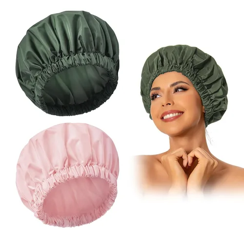 Vista 16 de Gorro de ducha reutilizable para mujer, grande, impermeable, lavable, banda elástica, accesorios de baño, sombrero para cabello largo, trenzas Beige