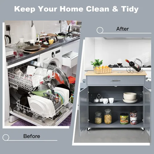 Vista 14 de PETSITE Carrito de isla de cocina con armario de almacenamiento sobre ruedas, estante de especias y cajón (blanco)