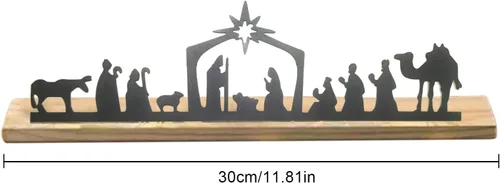 Vista 2 de Belén de Navidad para interiores, juego de pesebre de metal negro con base de madera, decoración rústica moderna para Navidad, hogar, habitación