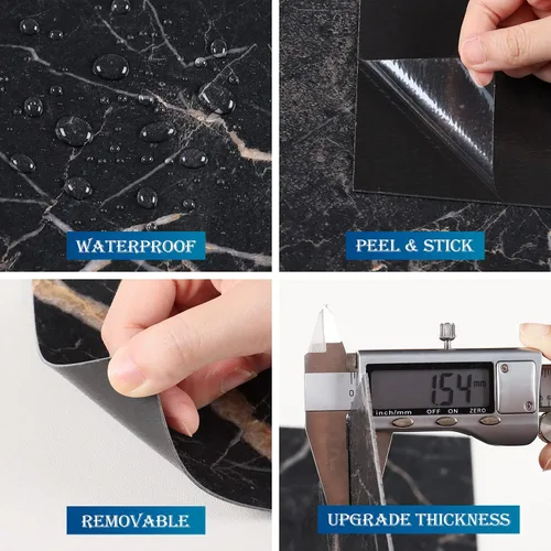 Vista 4 de FunStick Azulejos de suelo de mármol negro para despegar y pegar, impermeables, de 12 x 12 pulgadas, autoadhesivos, azulejos de vinilo para despegar