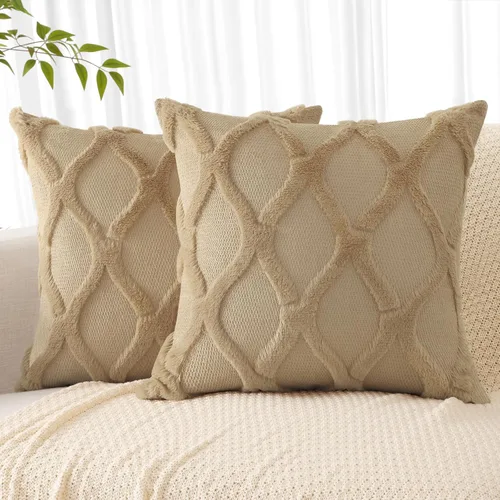 Vista 14 de decorUhome - Juego de 2 fundas de cojín decorativas para primavera de 16 x 16 pulgadas, fundas de almohada afelpadas de lana y piel sintética suave
